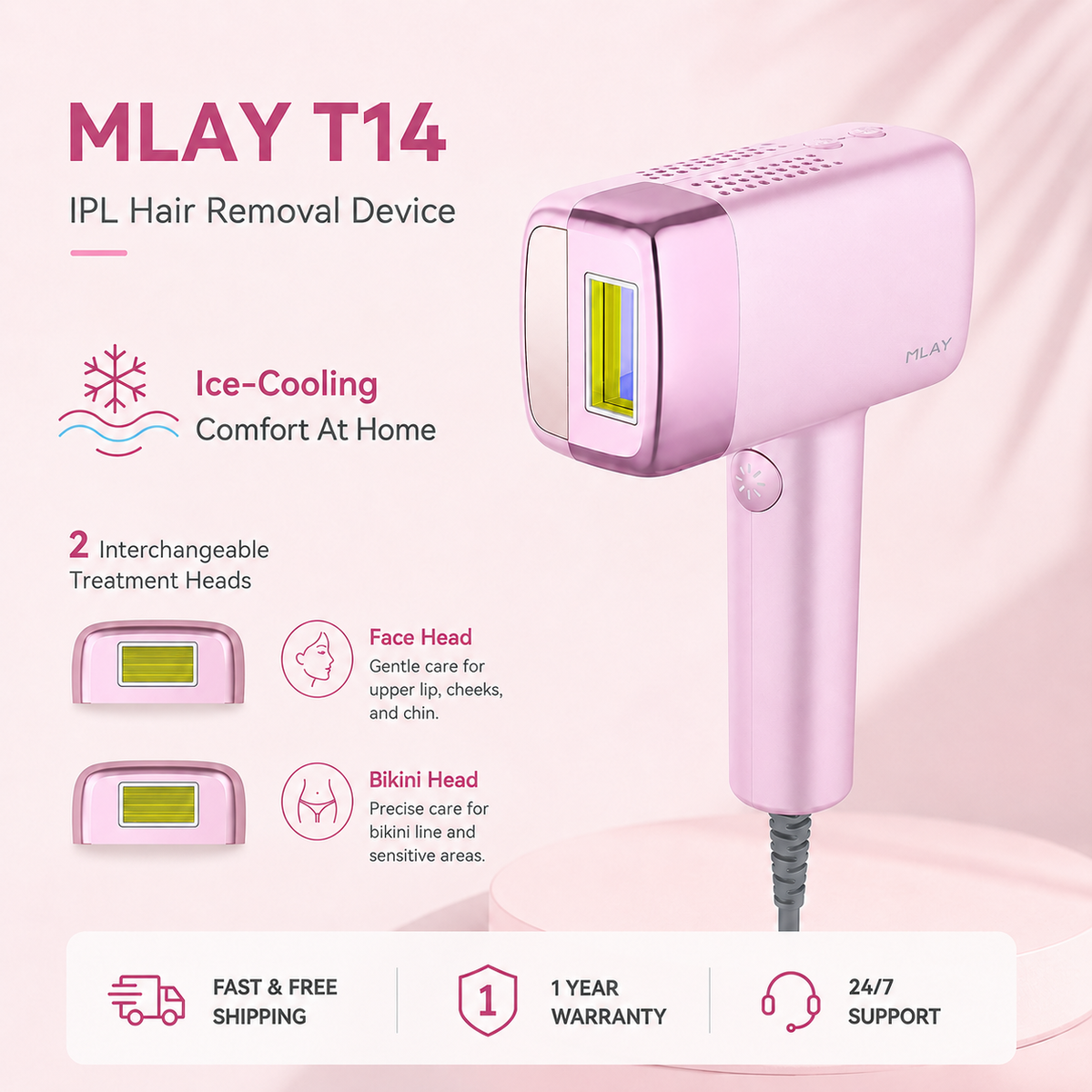 MLAY T14A Ice Cooling IPL Hair Removal Device-High Energy Replaceable Head-Pink